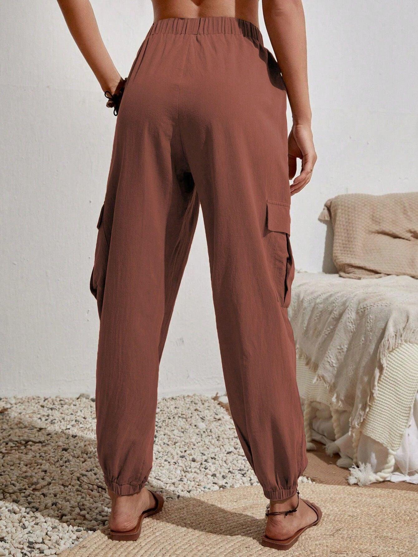 Ladies Elastic Waist Solid Color Cargo Pants AXR281 - SWEETKAMA