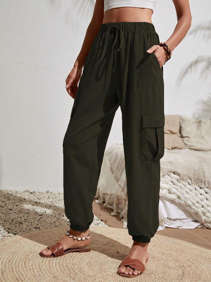 Ladies Elastic Waist Solid Color Cargo Pants AXR281 - SWEETKAMA