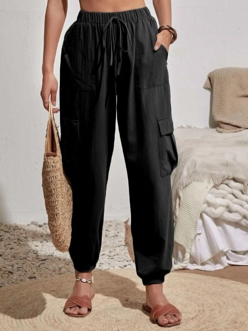 Ladies Elastic Waist Solid Color Cargo Pants AXR281 - SWEETKAMA
