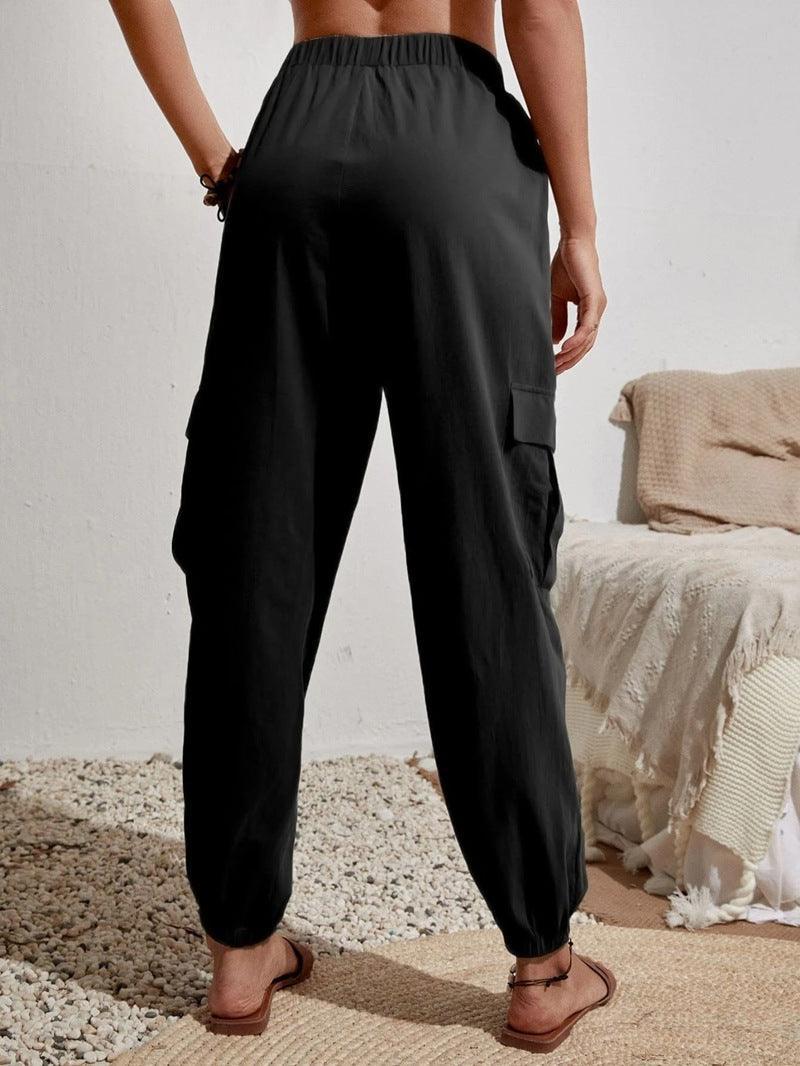 Ladies Elastic Waist Solid Color Cargo Pants AXR281 - SWEETKAMA
