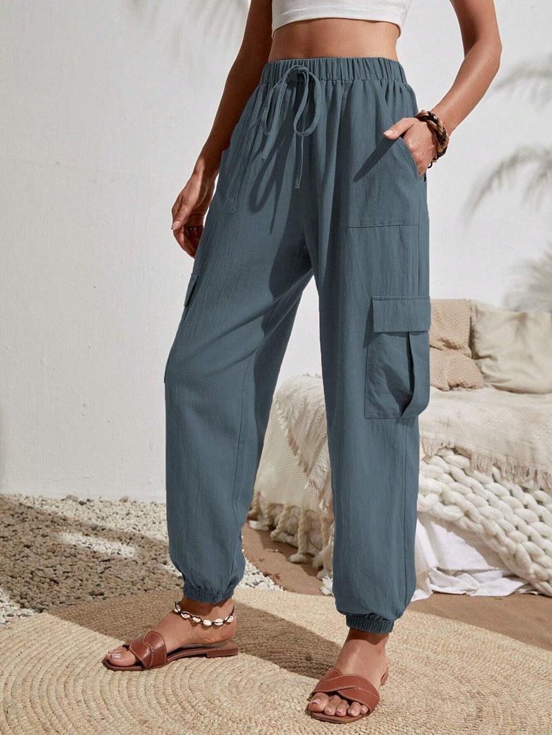 Ladies Elastic Waist Solid Color Cargo Pants AXR281 - SWEETKAMA