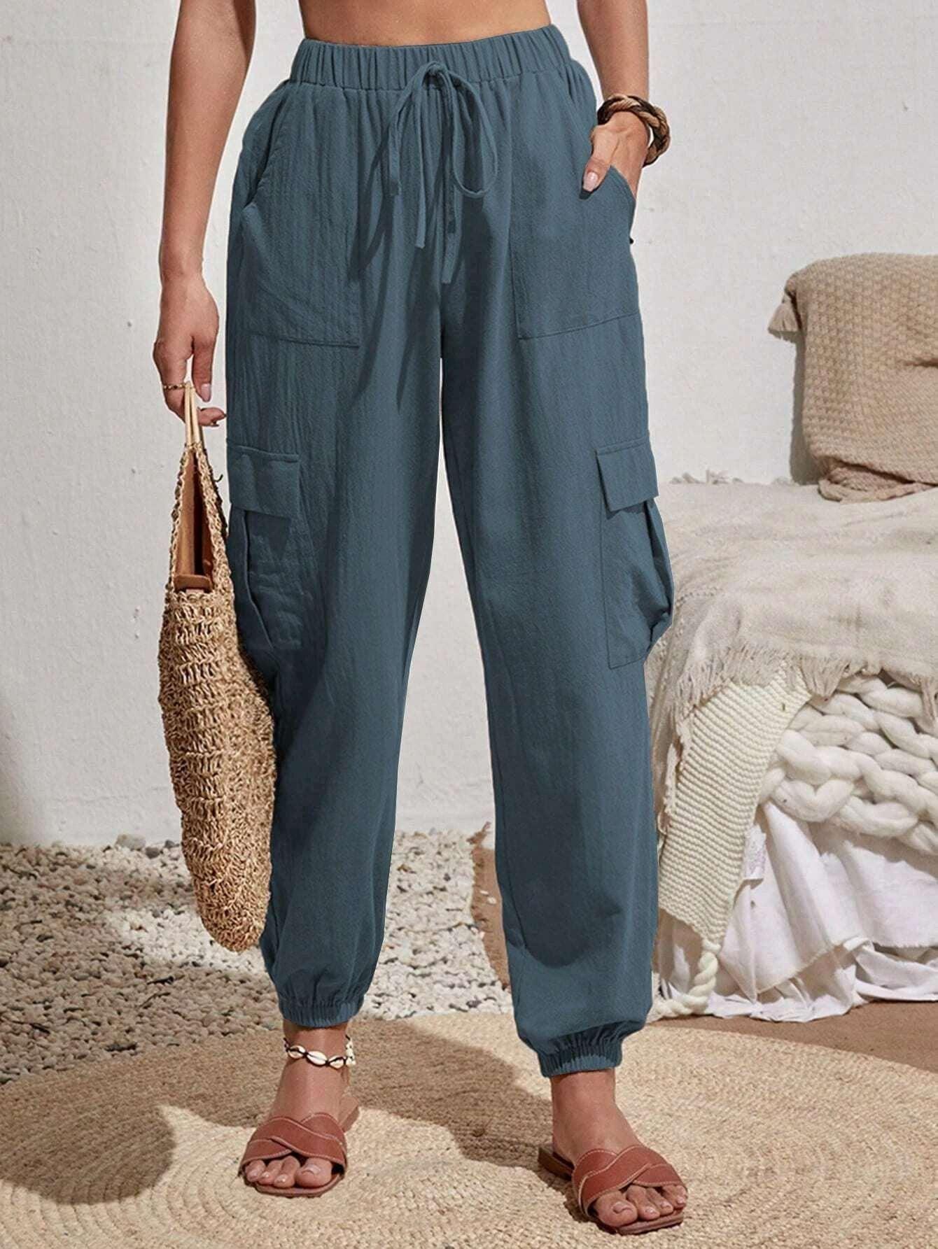 Ladies Elastic Waist Solid Color Cargo Pants AXR281 - SWEETKAMA