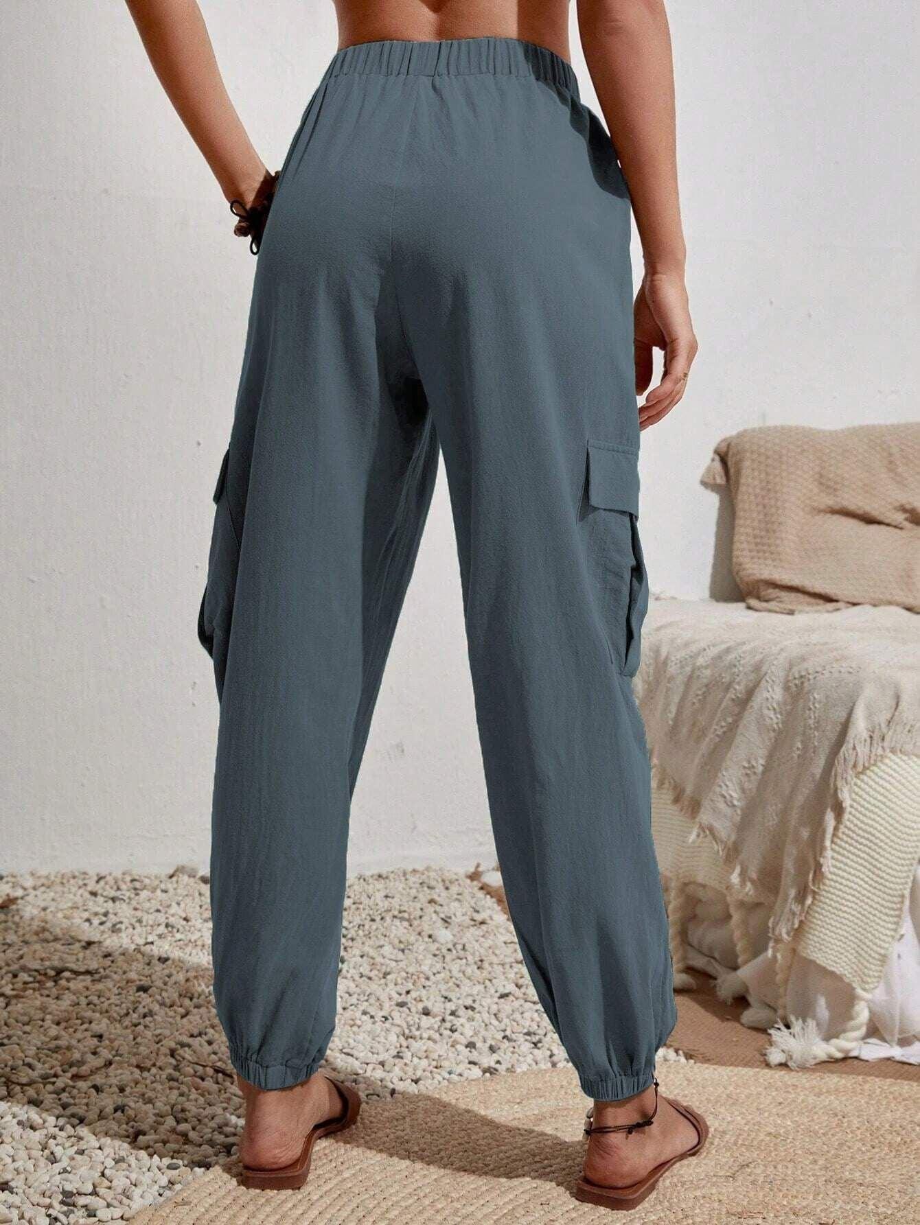 Ladies Elastic Waist Solid Color Cargo Pants AXR281 - SWEETKAMA