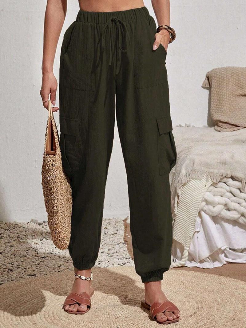 Ladies Elastic Waist Solid Color Cargo Pants AXR281 - SWEETKAMA