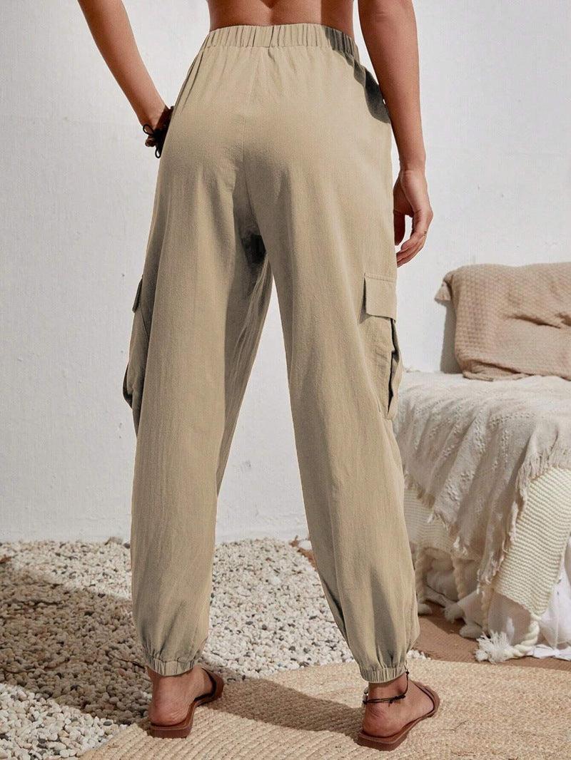 Ladies Elastic Waist Solid Color Cargo Pants AXR281 - SWEETKAMA