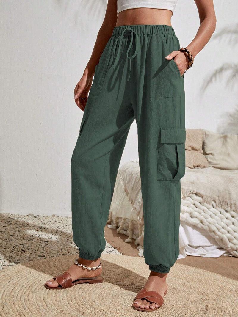 Ladies Elastic Waist Solid Color Cargo Pants AXR281 - SWEETKAMA