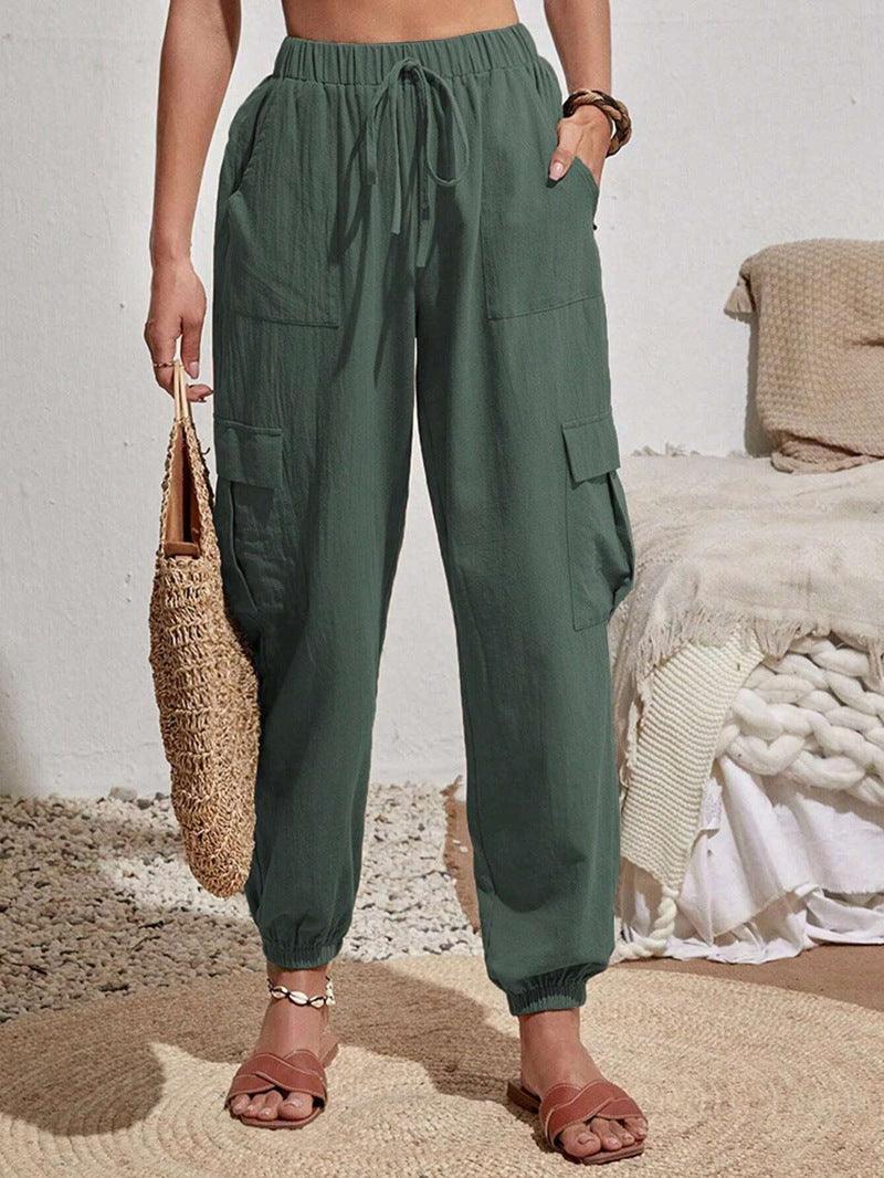 Ladies Elastic Waist Solid Color Cargo Pants AXR281 - SWEETKAMA