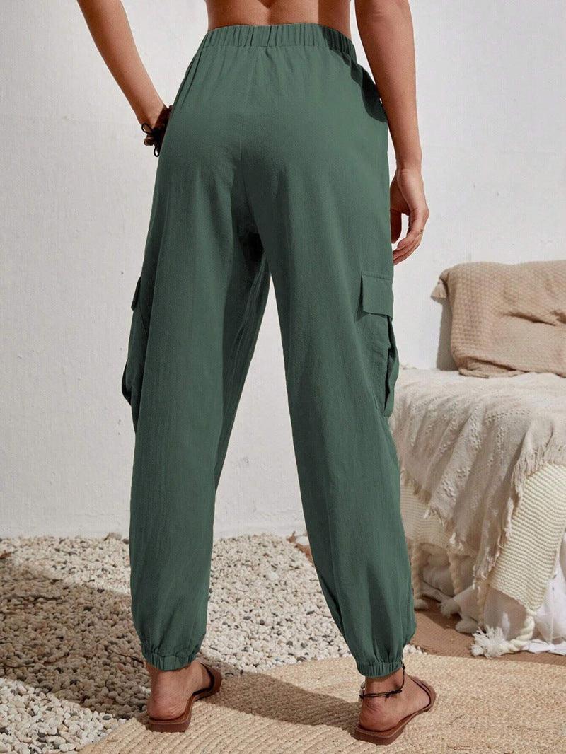 Ladies Elastic Waist Solid Color Cargo Pants AXR281 - SWEETKAMA