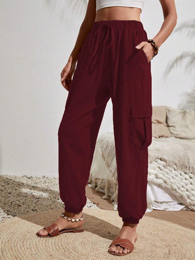 Ladies Elastic Waist Solid Color Cargo Pants AXR281 - SWEETKAMA