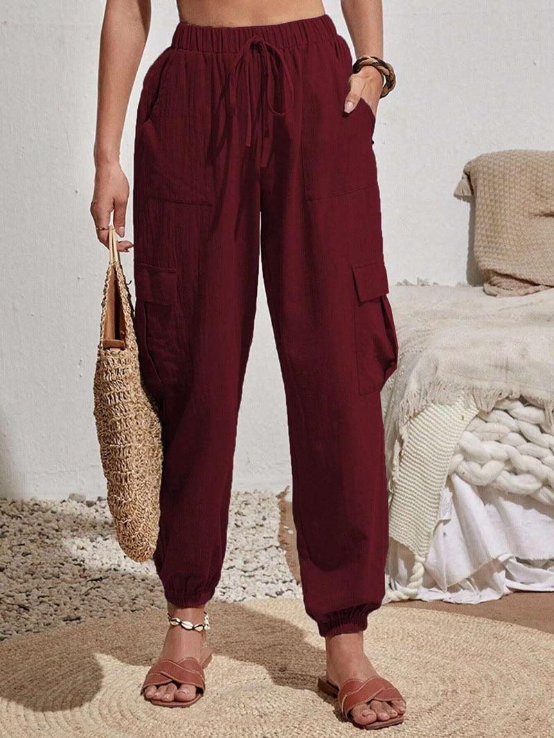 Ladies Elastic Waist Solid Color Cargo Pants AXR281 - SWEETKAMA