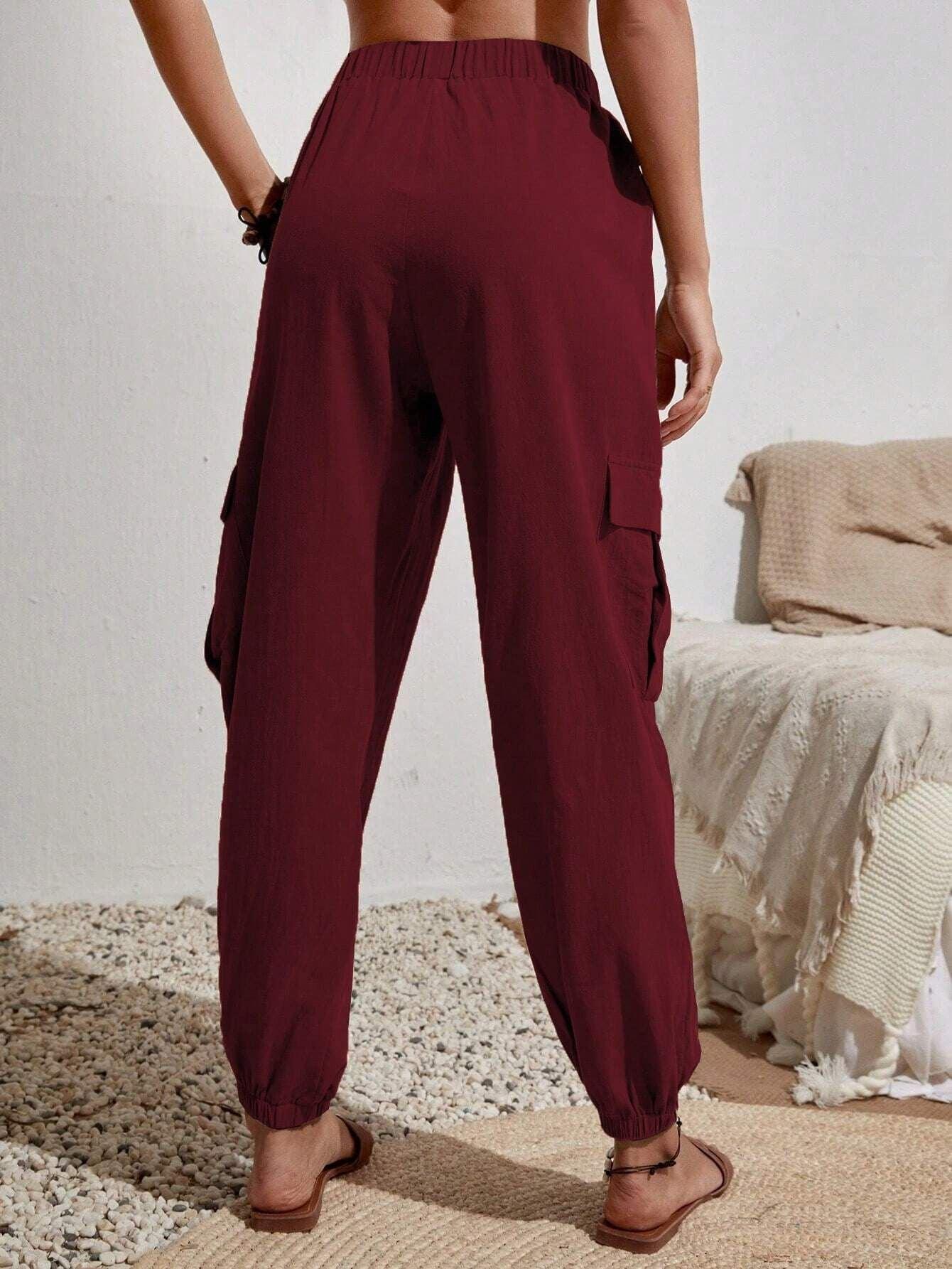 Ladies Elastic Waist Solid Color Cargo Pants AXR281 - SWEETKAMA