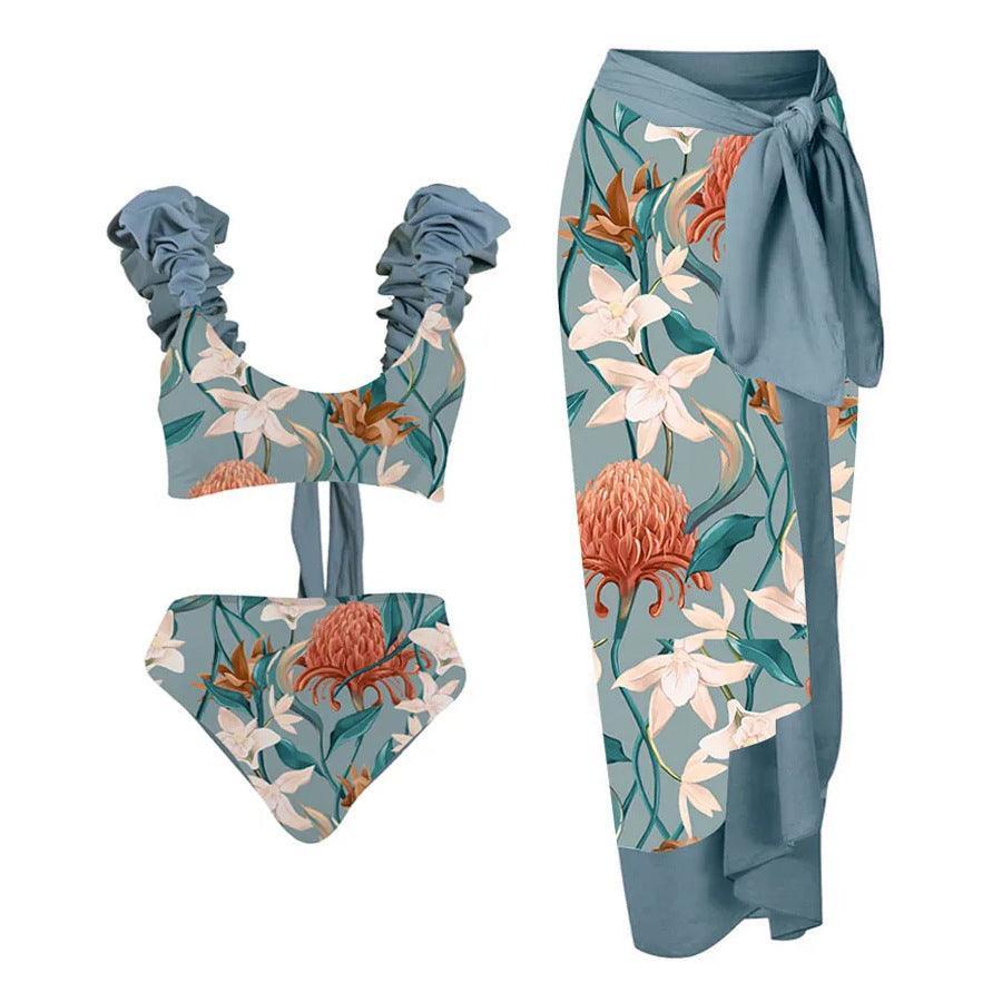 Ladies Ruffle Shoulder One Piece Swimsuit with Cover Y380 - SWEETKAMA