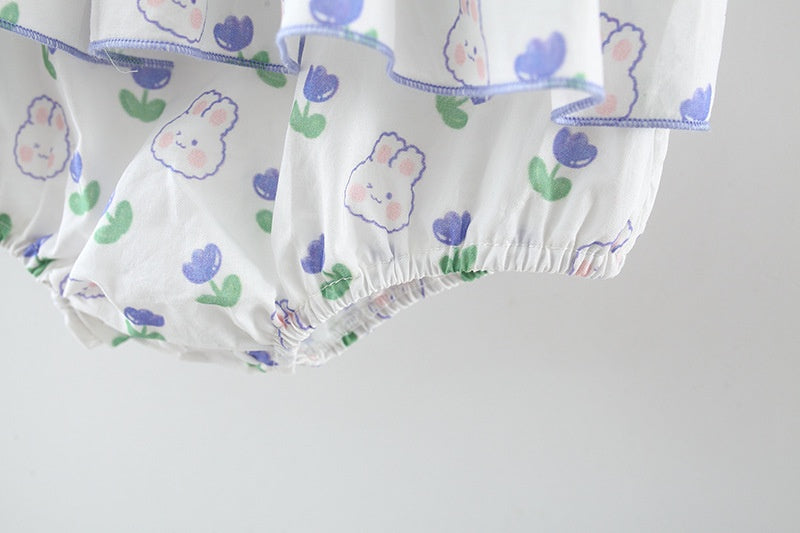 Baby Girl Romper: Summer Rabbit Print Cotton Bodysuit with Hairband