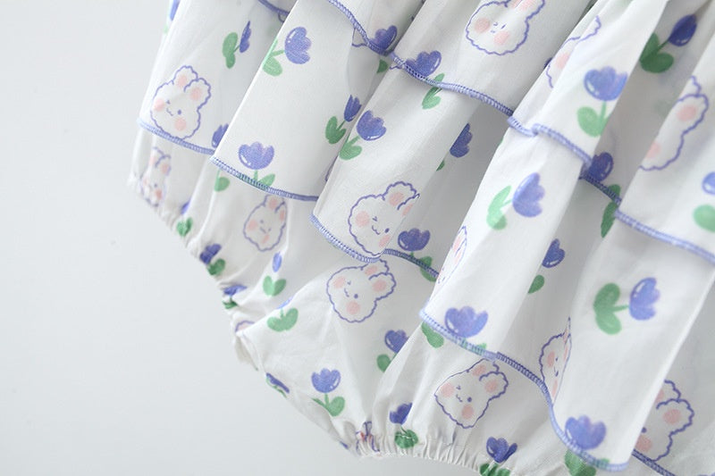 Baby Girl Romper: Summer Rabbit Print Cotton Bodysuit with Hairband