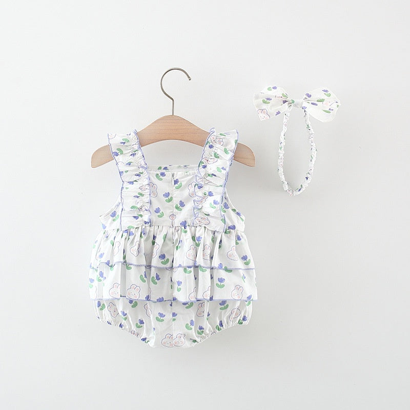 Baby Girl Romper: Summer Rabbit Print Cotton Bodysuit with Hairband