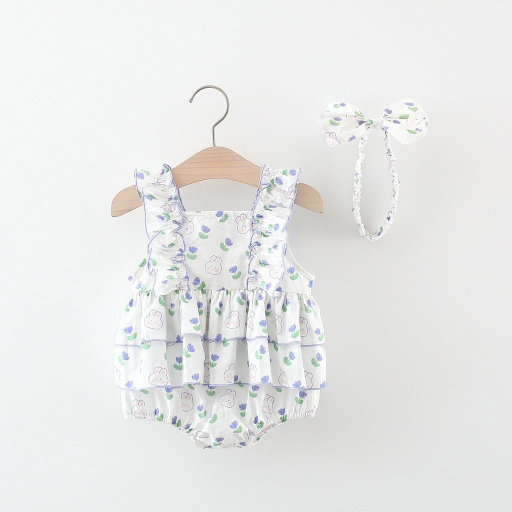 Baby Girl Romper: Summer Rabbit Print Cotton Bodysuit with Hairband