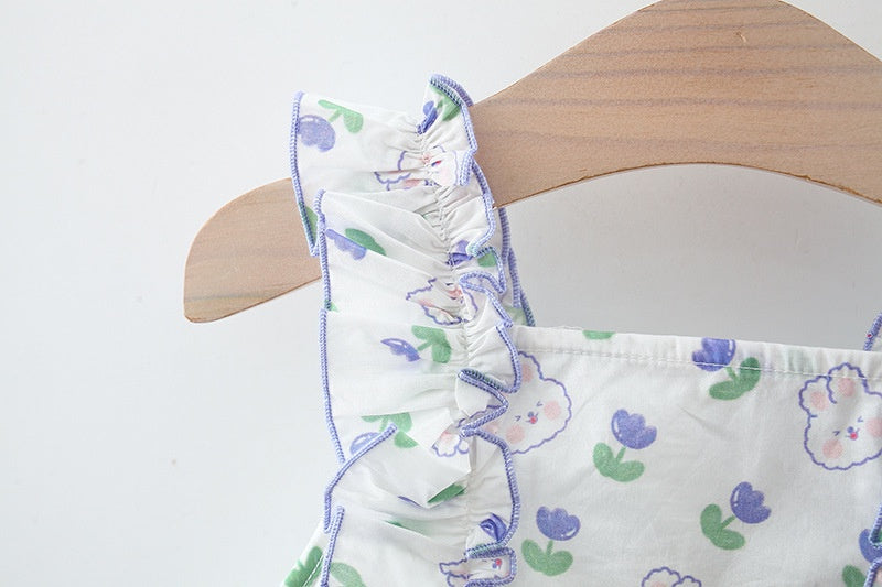 Baby Girl Romper: Summer Rabbit Print Cotton Bodysuit with Hairband