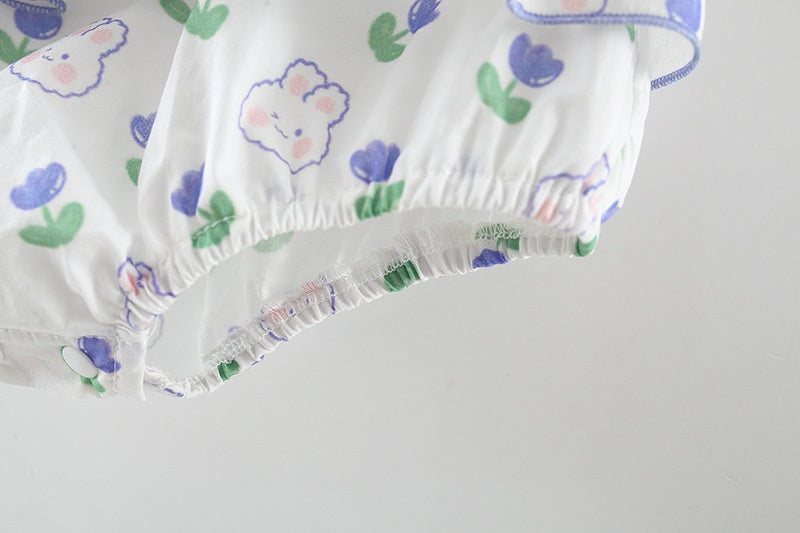 Baby Girl Romper: Summer Rabbit Print Cotton Bodysuit with Hairband