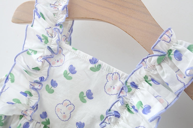 Baby Girl Romper: Summer Rabbit Print Cotton Bodysuit with Hairband