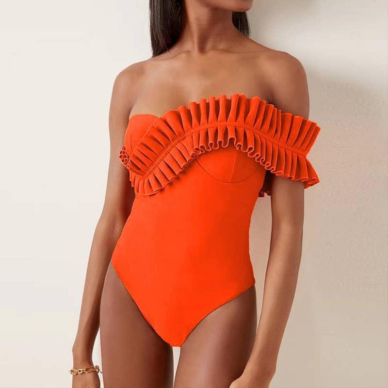 Solid Color One Shoulder One Piece Swimsuit 2385 - SWEETKAMA