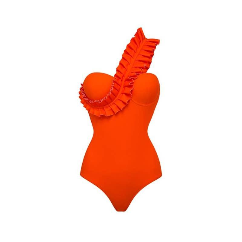 Solid Color One Shoulder One Piece Swimsuit 2385 - SWEETKAMA