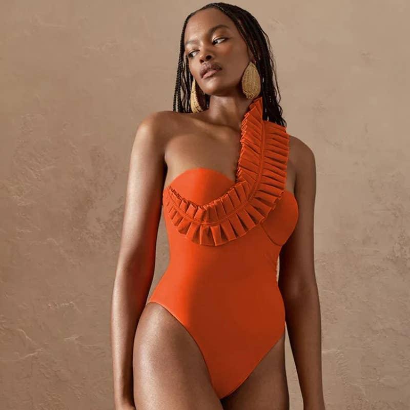 Solid Color One Shoulder One Piece Swimsuit 2385 - SWEETKAMA