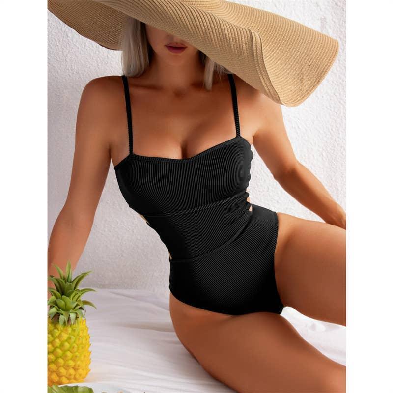 Wrinkle Solid Color Waist Cut Out One Piece Swimwear Y09 - SWEETKAMA