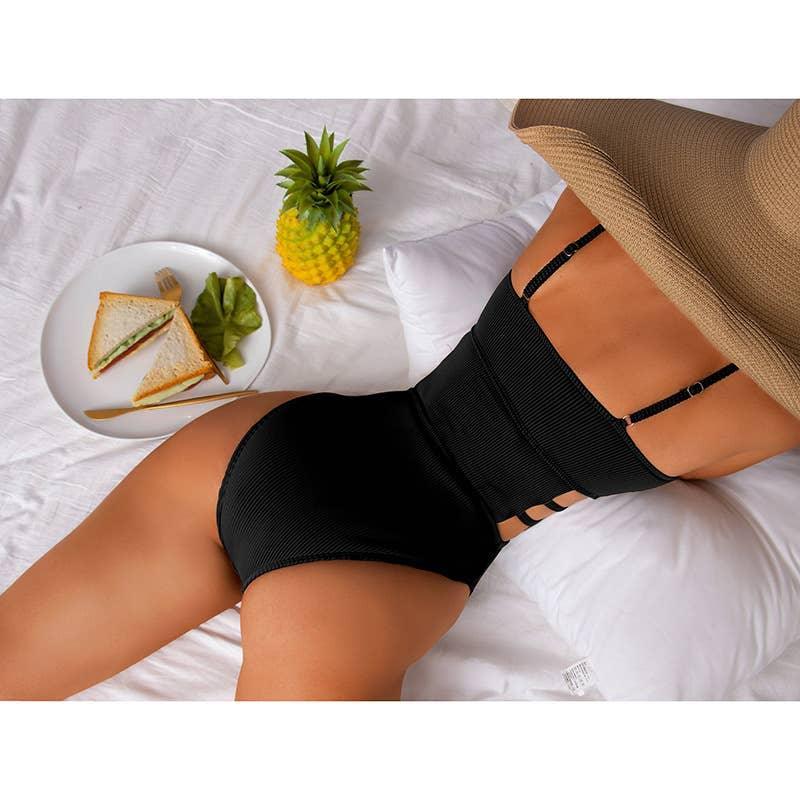 Wrinkle Solid Color Waist Cut Out One Piece Swimwear Y09 - SWEETKAMA