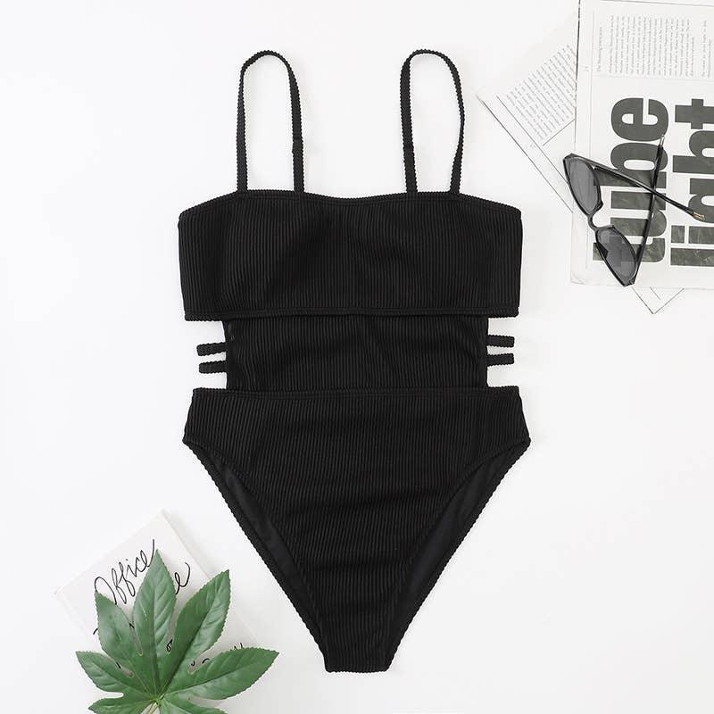 Wrinkle Solid Color Waist Cut Out One Piece Swimwear Y09 - SWEETKAMA