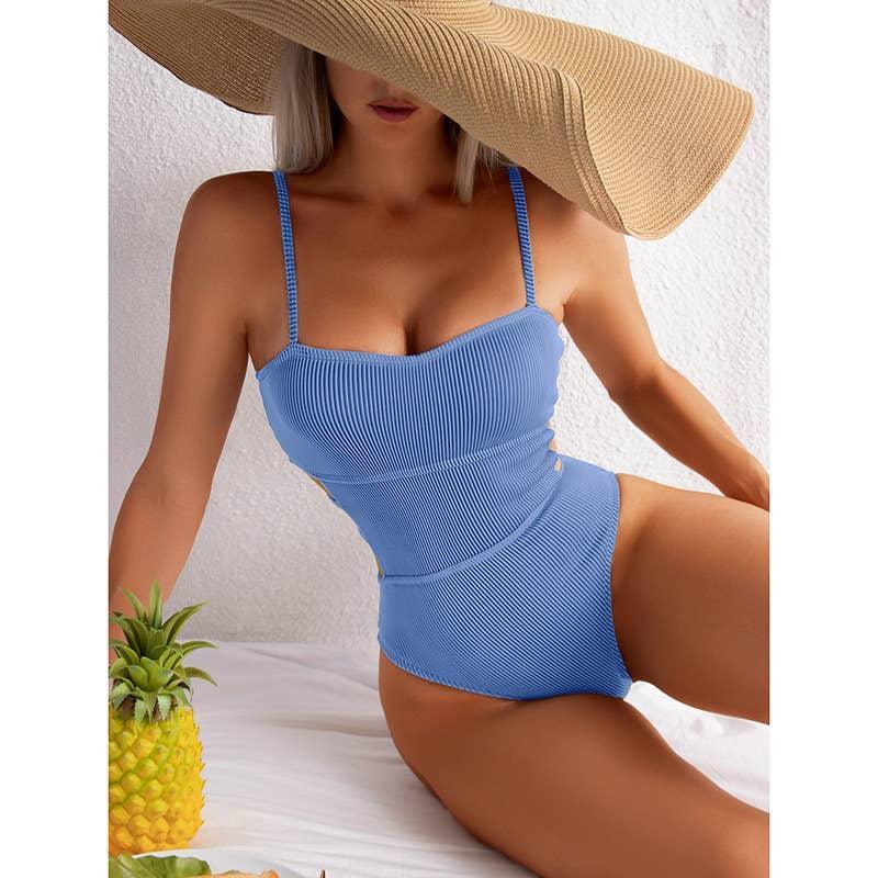Wrinkle Solid Color Waist Cut Out One Piece Swimwear Y09 - SWEETKAMA
