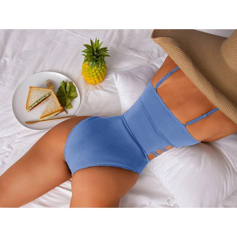 Wrinkle Solid Color Waist Cut Out One Piece Swimwear Y09 - SWEETKAMA