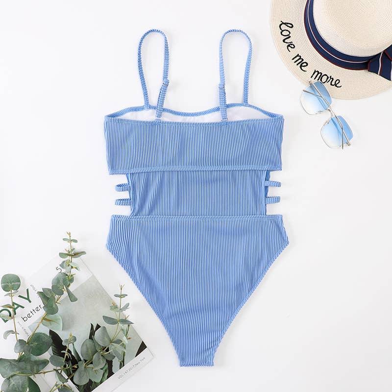 Wrinkle Solid Color Waist Cut Out One Piece Swimwear Y09 - SWEETKAMA