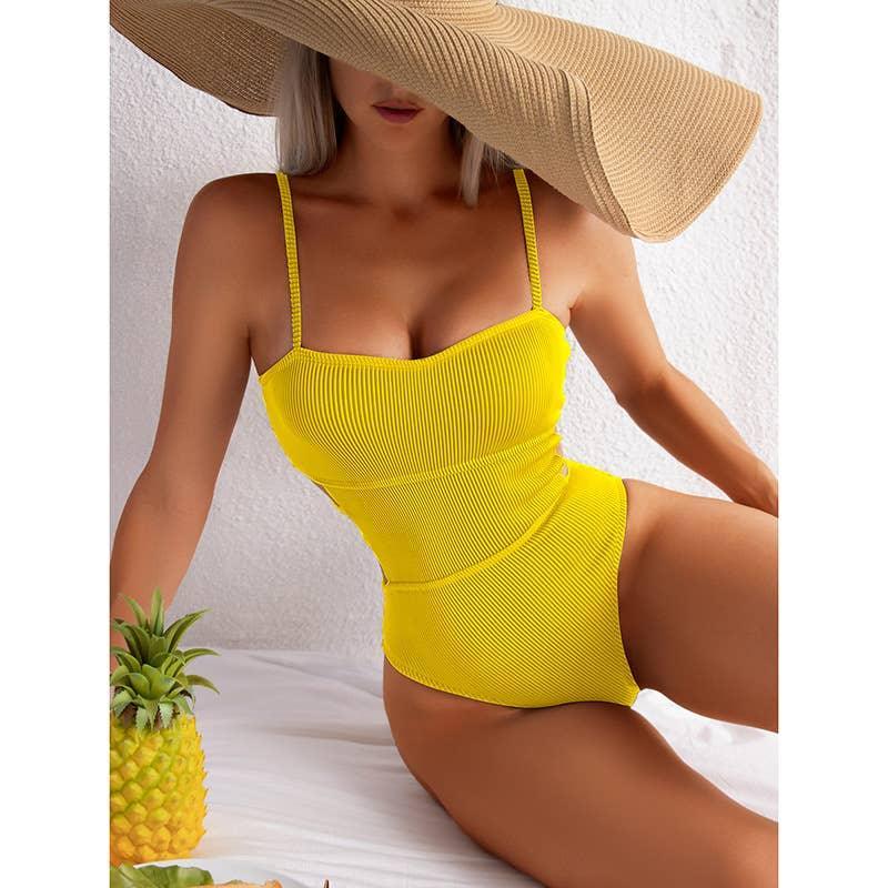 Wrinkle Solid Color Waist Cut Out One Piece Swimwear Y09 - SWEETKAMA