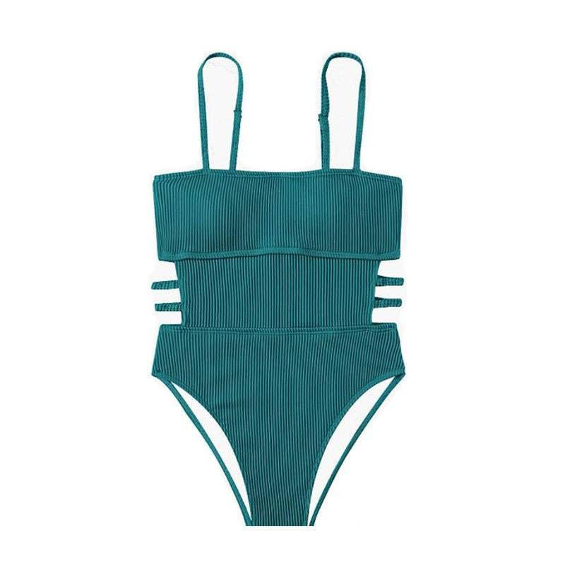 Wrinkle Solid Color Waist Cut Out One Piece Swimwear Y09 - SWEETKAMA