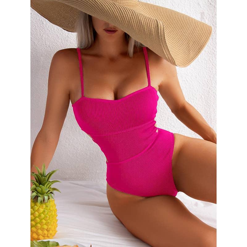 Wrinkle Solid Color Waist Cut Out One Piece Swimwear Y09 - SWEETKAMA