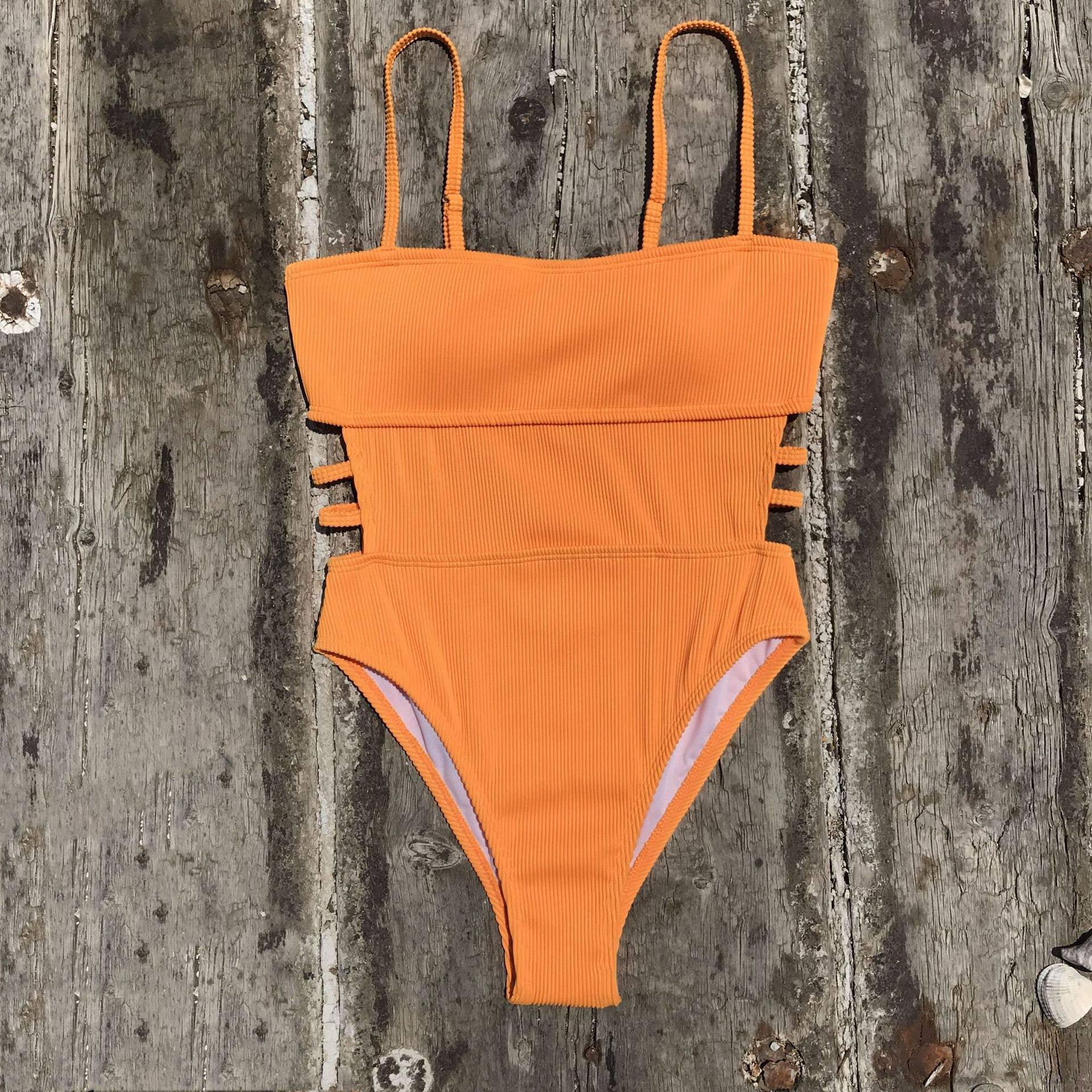 Wrinkle Solid Color Waist Cut Out One Piece Swimwear Y09 - SWEETKAMA