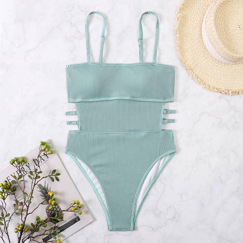 Wrinkle Solid Color Waist Cut Out One Piece Swimwear Y09 - SWEETKAMA