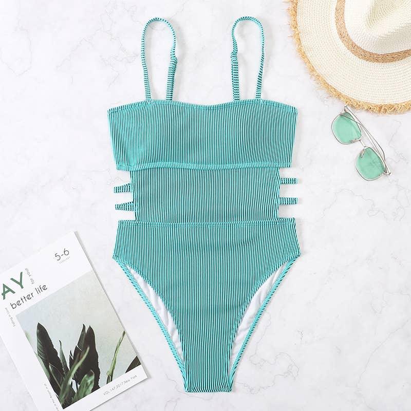Wrinkle Solid Color Waist Cut Out One Piece Swimwear Y09 - SWEETKAMA